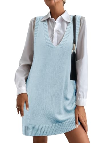 Image of HOTOUCH Women Sweater Vest Oversized V Neck Sleeveless Knit Pullover Ribbed Vest Dress with Pockets