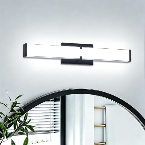 Image of Bathroom Lighting Fixtures Over Mirror: ETL Certified 24 Inch Black Modern LED Vanity Lights 5000K Cool White IP44 - Dimmable Vanity Light Bar 2500LM with Clear Shade - Bathroom Light Fixtures