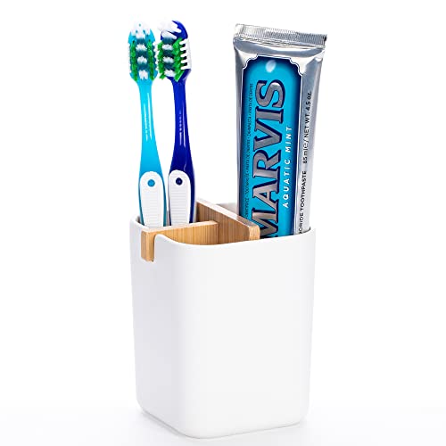 Toothbrush Holders for Bathroom, Suitable for Electronic Toothbrushes, White Bamboo Bathroom Toothbrush Holder, Toothpaste Makeup Brushes Razors Holder Bathroom Countertop Organizer