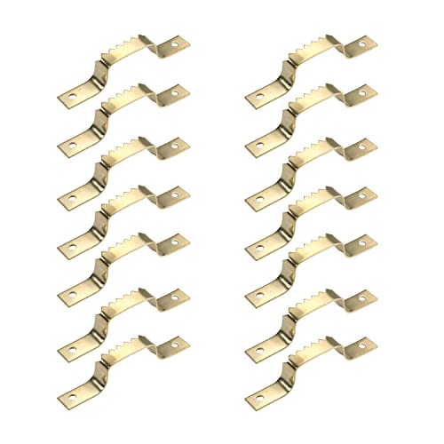 Image of MroMax 20PCS Sawtooth Picture Hangers Iron Picture Hangers 2.44 inch x 0.31 inch Double Hole Picture Frames Hangers for Hanging Clock Paintings Artwork Picture Frame Hook Photos Gold