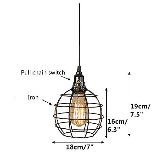 EFINEHOME 1 Light Hanging Swag Lamp with Plug in 15 Ft Cord On/Off Switch with Pull Chain- Black Industrial Vintage Cage Pendant Light (Lampshade Globe) - Thumbnail 5