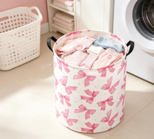 Image of Girls Laundry Basket Baby Nursery Hamper Toy Storage Bin(Pink Bowknots)