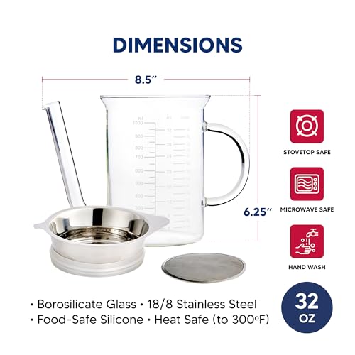 Image of HIC Kitchen Roasting Fat Separator Gravy Strainer, Borosilicate Glass, 32-Ounces, For Stress-Free Holiday Meal Prep and Serving