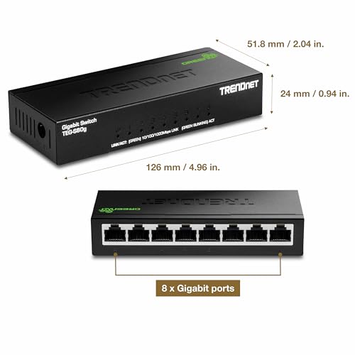 Image of TRENDnet 8-Port Mini Gigabit Switch, TEG-S80g, Ethernet Splitter, NDAA + TAA Compliant, Desktop Metal Ethernet Network Switch, 8 x Gigabit Ports, Fanless, Lifetime Protection, Black