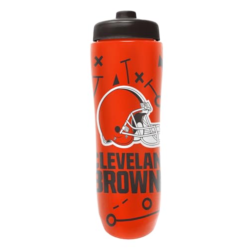 Image of Party Animal NFL Football Squeeze Bottle, 32 oz, Cleveland Browns 2 | Slim, lightweight BPA-free sports water bottle with quick-flow squeeze; fits backpacks & cup holders for kids or adults