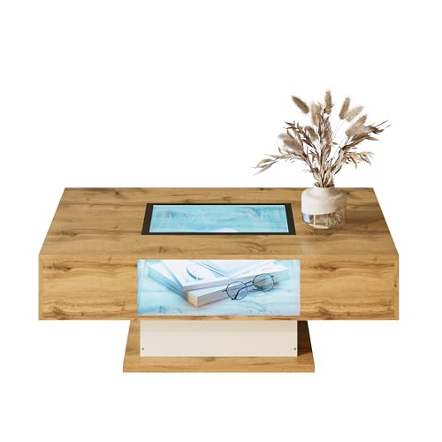 Merax Couchtisch 110x60x39,7 cm, mit LED-Beleuchtung, Glasplatte, 2 Schubladen, Beistelltisch mit Farbwechsel-LED, offenes Aufbewahrungsfach, modernes Design, Holzfarbe & Weiß Merax Couchtisch 110x60x39,7 cm, mit LED-Beleuchtung, Glasplatte, 2 Schubladen, Beistelltisch mit Farbwechsel-LED, offenes Aufbewahrungsfach, modernes Design, Holzfarbe & Weiß