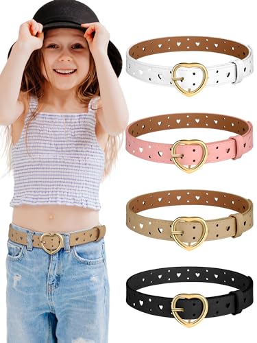 Newcotte 4 Pcs Girls Belt Size Aged 3-12 Kids PU Leather Waist Hollow Heart Design Kids Belts for Dress Pants Jean(Suit for Waist Size 18