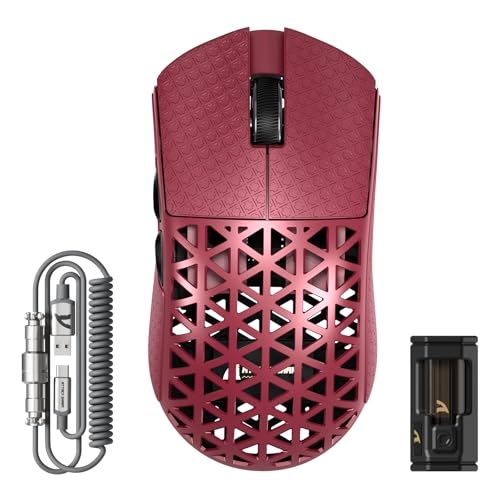Image of ATTACK SHARK R5 Ultra Wireless Gaming Mouse,Carbon Fiber Shell 39g Superlight,PAW3950MAX Nordic 52840 MCU 8K Polling 42K DPI Optical Sensor,BT /2.4G /USB-C Wired Mice with Coiled Cable-Red&Griptape