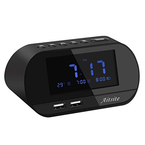 Aitsite Reloj Despertador Radio Despertador,Radiodespertadores con Doble Puerto de Carga USB Batería de Litio Incorporada Espera Larga 10 Mins Snooze, 6 Brillos, Termómetro, 12/24 H