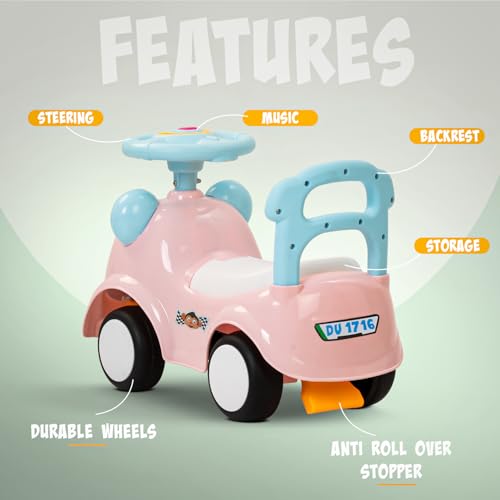 Image of Snappy Baby Ride on Cars for Kids | Indoor Push Ride on Car with Safety Backrest & Toy Storage | Portable Kid Cars with Music & Horn | Outdoor Rider car for Kids 1 to 3 Years (Pink)