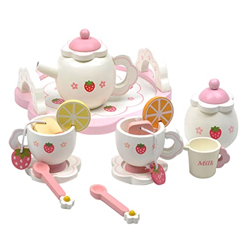 NAVK Lot de 14 Jouets à thé en Bois pour Filles, Accessoires de Cuisine Mignons en Bois, Cadeau d'anniversaire, de Noël, de Pâques pour Enfants et garçons Cover