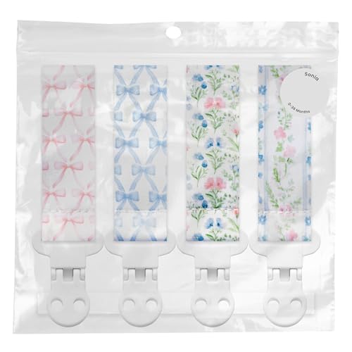 Image of Stadela Baby Pacifier Clip Holder - Girl 4 Pack Gift Set - Vintage Floral Bows Ribbons Flowers French Blue Pink