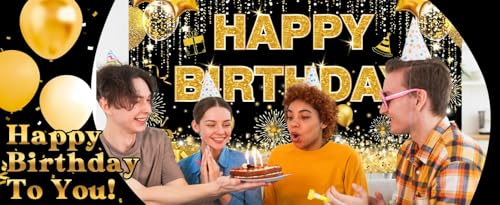 Image of DARSHANAM WORLD Birthday Decoration Backdrop Cloth Curtain (Pack of 1, Size: 5x8 Feet) Background Enhancer Poster,Happy Birthday Sign Theme-(Polyester) (Gold & Black)