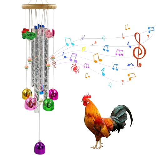 Wenfubrixa Jouets en forme de poulet pour poulailler, jouets d'enrichissement de poulet pour décorations artistiques à suspendre, carillon éolien interactif avec cloches colorées pour poussin, poules