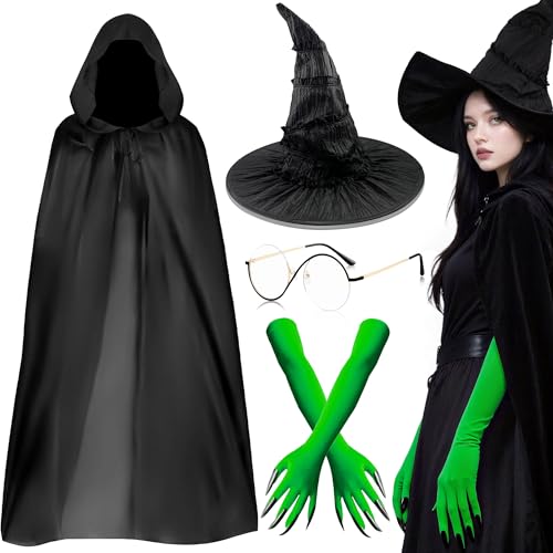 Bryndo Wicked Witch Costume Accessories Set for Women Witch Fancy Dress with Cape Witches Hat Green Gloves with Claws Wicked Glasses for Halloween Cosplay Dress Up