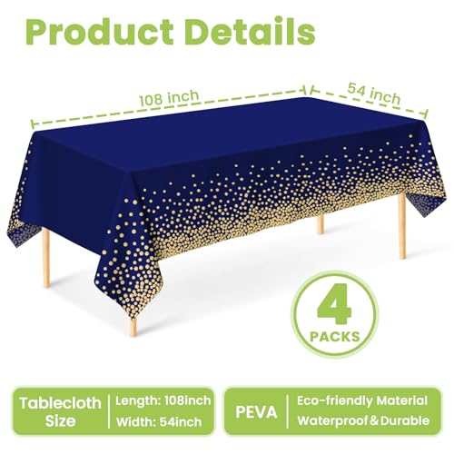 Image of 4 Pcs Navy Blue Plastic Tablecloth Gold Dot Blue Table Cloths, 54x108 inches Disposable Gold Dot Confetti Dark Blue Table Cover for Anniversary Friendsgiving Fine Dining Graduation Party Decoration
