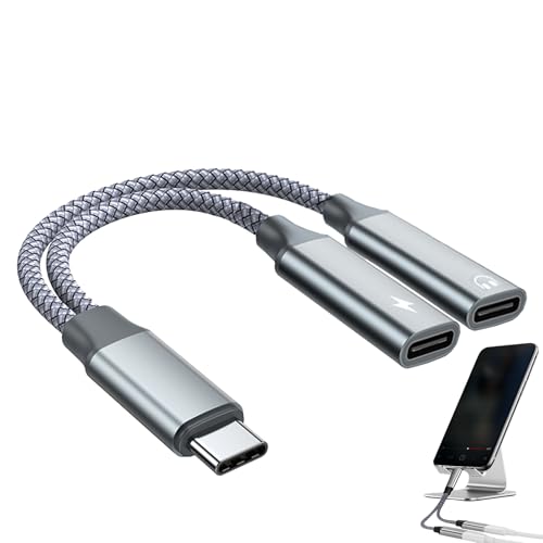 USB Splitter 2 Port 1PCS USB C Splitter 2 in 1 Usb Y Splitte Headphone and Charging Split Cable Compatible with Samsung/Huawei/Oppo/Sony/Nokia Grey