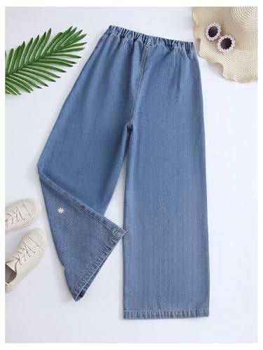 WDIRARA Girl's Floral Embroidery Elastic Waist Wide Leg Long Denim Pants Jeans with Pockets2