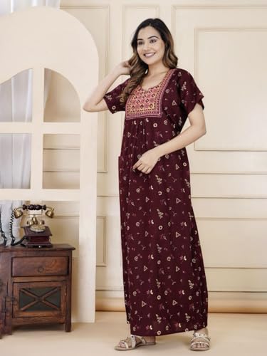 Image of DIAMO Pure Cotton Embroidery Nighty for Women, Cotton Night Gown, Night Maxi Gown, Cotton Nighty with a Pocket and Adjustable Knot