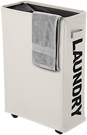 IHOMAGIC Foldable Laundry Basket On Wheels Slim-line Laundry Bin with Handle Collapsible Waterproof Laundry Hamper Rolling Dirty Clothes Storage Hamper, L39 xW18.5 xH58cm (Slim, Beige)