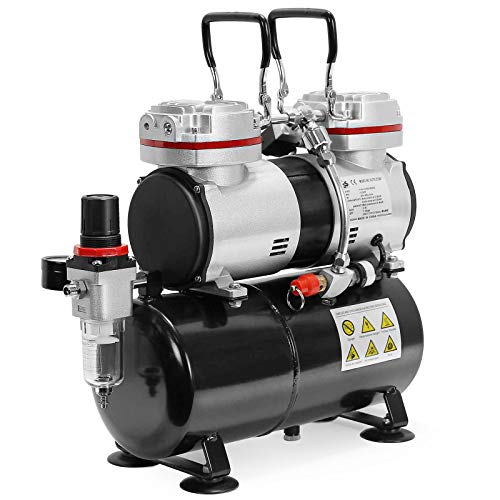 PointZero 1/3 HP Double Piston Airbrush Compressor with Air Tank, Regulator, Gauge and Water Trap - Quiet Professional Pump - Thumbnail 4