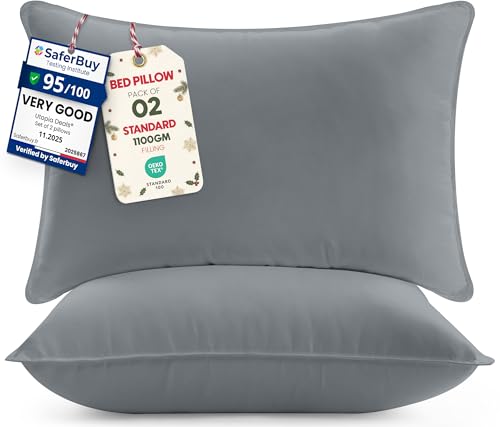 Utopia Bedding Pillows 2 Pack, (UK Standard, Grey) Hotel Quality Luxury Bed Pillow for Back, Stomach or Side Sleepers