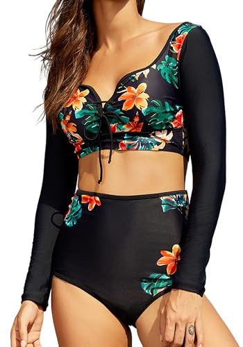 SEAUR Women Two Piece Rash Guard Long Sleeve Swimsuit Crop Tankini with High Waisted Swim Bottom UPF 50+