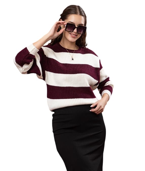 Women’s Woolen Striped Pullover Sweater | Full Sleeve Round Neck Winterwear | Cozy Warm Stylish Regular Fit Winter Sweater-image-14