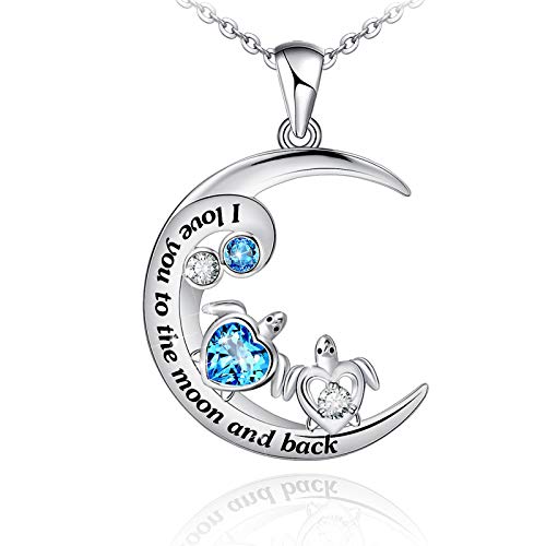 Distance I Love You to The Moon and Back Necklace 925 Sterling Silver Health and Longevity Double Sea Turtle Necklace Jewelry Gifts for Women Girls Mother Wife