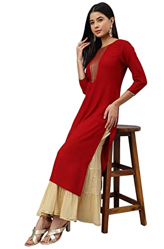 Image of Janasya Women's Maroon Rayon Solid Straight Kurta