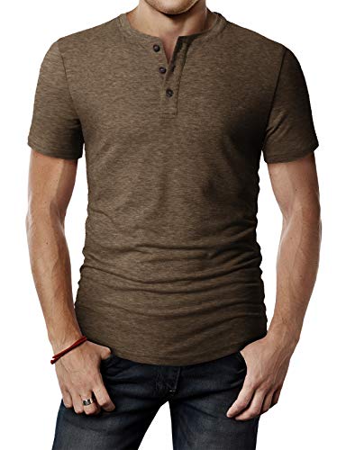 H2H Mens Casual Henley Slim fit Short Sleeve T-Shirts Brown US 2XL/Asia 3XL (CMTTS0203)