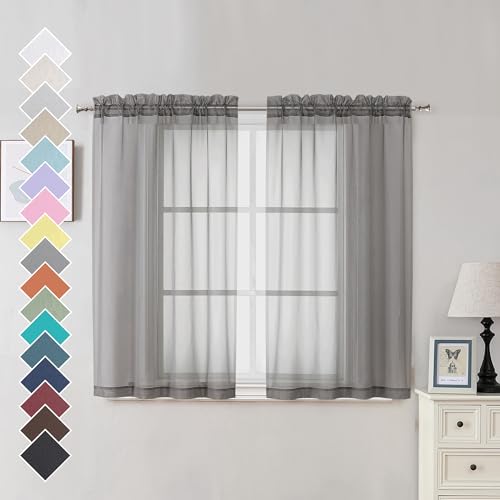 Image of OVZME Voile Sheer Curtains with Decorative Rod Pocket, Modern Airy and Clean Selvedge Window Treatment Panels for Kitchen Room, Each 42 inch W x 45 inchL, Set of 2 Panels, Charcoal Grey.