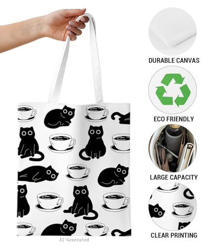 Image of Cute Cat Canvas Tote Bag for Women， Aesthetic Reusable Shoulder Bag for Shopping Travel Work