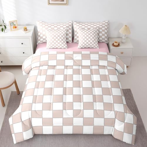 Image of Erosebridal Light Pink Checkered Full Bed in A Bag 7 Piece White Cream Checkerboard Bedding Set,Buffalo Plaid Grid Comforter Set with Sheets for Kids Girls Teen Aesthetic Geometric Gingham Bed Set