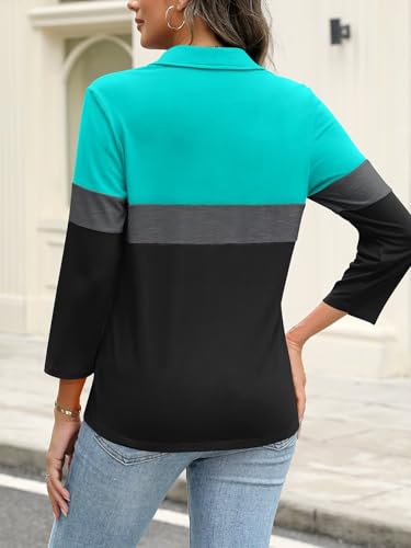 ORANDESIGNE Women's Button Down Shirts 3/4 Length Sleeve Polo Collared Tops Business Casual Color Block Summer Tees2