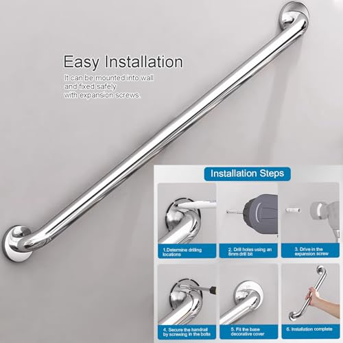 Barra di sostegno resistente in acciaio inox, antiscivolo, da parete, per doccia e vasca da bagno, asta di supporto antiscivolo da 80 cm per la sicurezza del bagno