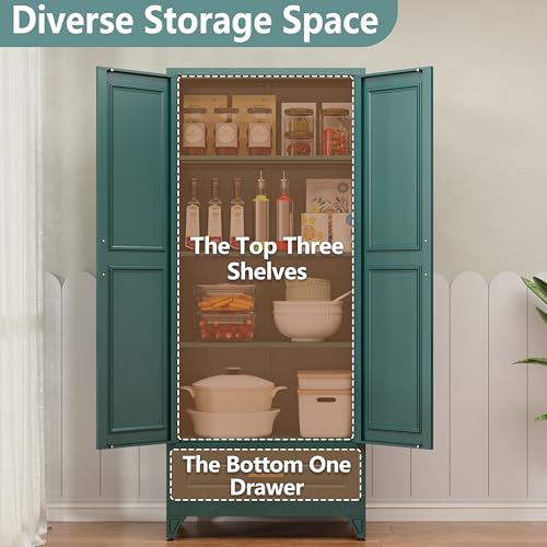 Image of Polup Metal Storage Cabinet,75 inch Tall Kitchen Pantry Storage Cabinet with Doors and Adjustable Shelves, Green Metal Pantry Cabinets with Drawer, Large Cupboard for Kitchen, Dining Living Room