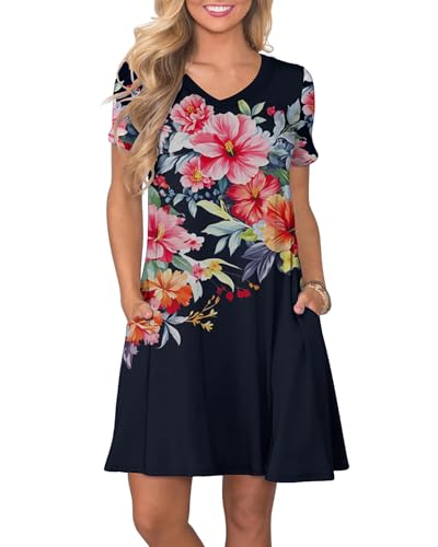 Image of COSSEN Women's Casual T Shirt Dress V-Neck Short Sleeves Swing Dresses Birthday Party Summer Travel Beach with Pocket