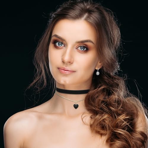 HJZHII Choker Kette Damen,29.5-36.5cm Halsband Damen Schmuck,Choker Halsband Schwarz Rot Samt Halskette Klassische Samt Herz Geschichtet Verstellbare Damen Schmuck für Mädchen Gothic Kette 90er Deko