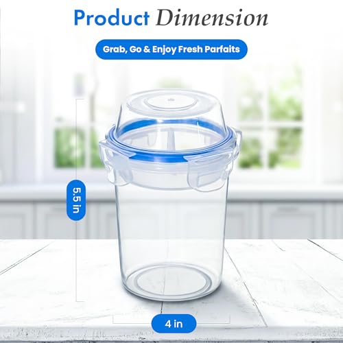 Image of Basicwise 480ml Airtight Cereal Storage Container with Separate Topping Cup Leak-Resistant Clip-Lock Lid Stackable Snack & Yogurt Cup for On-the-Go Breakfast Travel School Office & Daily Use, Set of 2