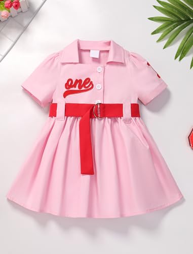 IMEKIS Toddler Baby Girls Baseball One Birthday Dress with Headband Short Sleeve Button Dresses Cake Smash Photo Shoot2
