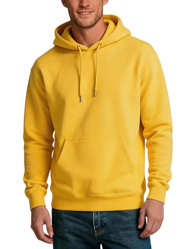 YiShiJie Yellow Mens Hoodies Pullover Fleece Hooded Sweatshirts Casual Long Sleeve Midweight Athletic Hoodies with Kangaroo Pocket, S