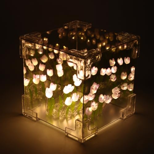 Lámpara de noche LED en forma de cubo con flores de tulipanes,