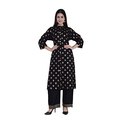 DivinityWomen's Block Print Kurta with Gotta Palazzo Black, Rayon, 2XL, Regular