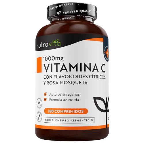 Nutravita Vitamina C de 1000 mg con Bioflavonoides y Rosa Mosqueta - 180 Comprimidos Veganos - Suministro para 6 Meses - Contribuye al Mantenimiento Adecuado del Sistema Inmunitario