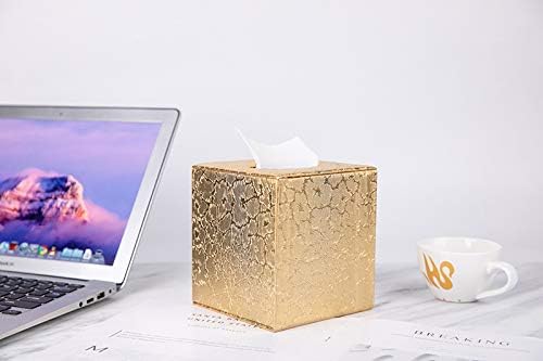 Gold PU Leather and Wood Square Tissue Box Cover
