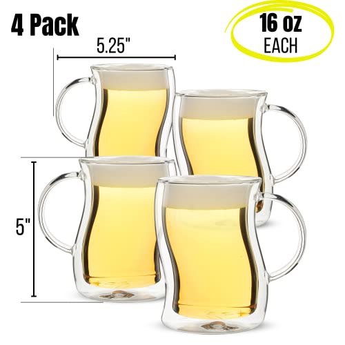 BTaT Double Walled Glass Beer Mugs, 4 Pack, 16 oz(500 ml), Freezer Safe, Stein Style - Image 3