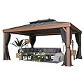 YOLENY 12'x16' Hardtop Gazebo, Galvanized Steel Double Roof with Wood-Looking Aluminum Frame, Outdoor Permanent Metal Pavilion with Curtains and Nettings for Patio, Backyard and Deck
