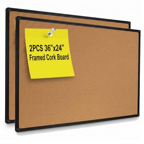 DexBoard 2-Pack Cork Board 36 x 24 Inch, Black Aluminum Frame Bulletin Board for Walls, Large Self-Healing Vision Board for Office, School, and Home, Hanging Notice Board with 10 Push Pins (3x2 Ft)