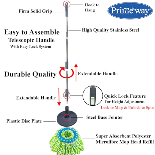 Image of Primeway SS Spin Floor Mop 127cm Length Extendable Handle Stick Rod | Replacement Set | Handle + Disc + 130g Refill | Grey